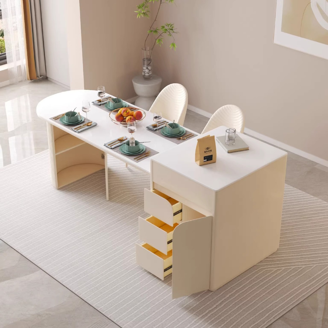 法式奶油風岩板伸縮島台餐桌一體家用輕奢半圓弧形岩板島台餐桌