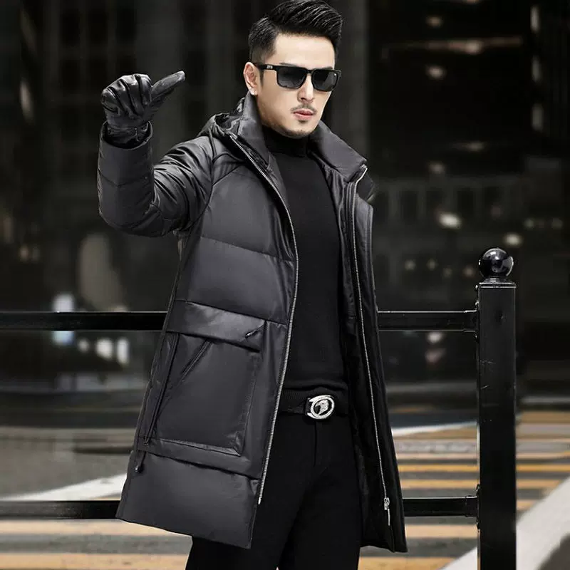 海宁冬季新款真皮皮衣男士中长款羽绒服翻领牛皮加厚保暖冬款外套