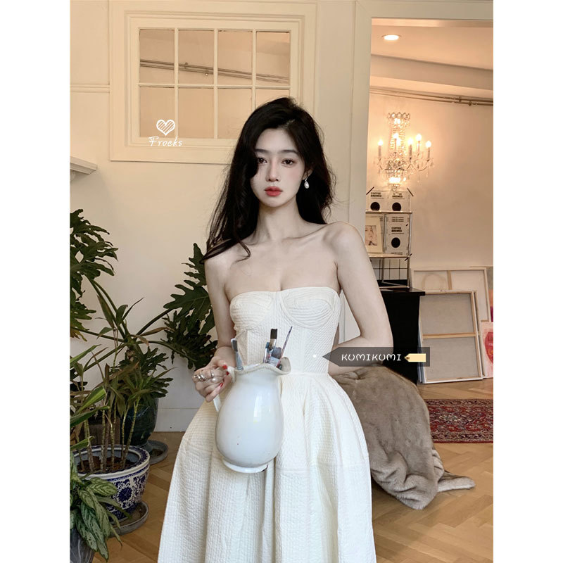 프랑스 스타일 우아한 끈이없는 원피스 여성 여름 해변 휴가 화이트 타이트 허리 A 라인 스커트 롱 스커트