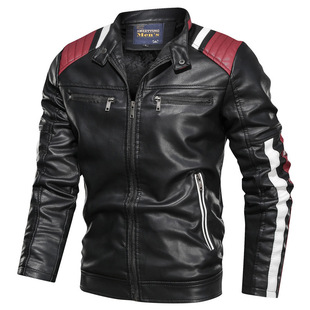 wish Cross-border Foreign Trade Color-matching Casual Men's Leather Casual Fashionable Collar Spring and Autumn Leather Jacket Youth Jacket