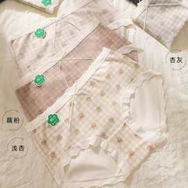 新款轻奢磨毛格子印花舒适跨境高弹内裤女中腰透气三角裤批发低价