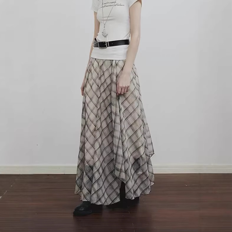 Original Printed Retro Plaid Irregular Chiffon Skirt, Plaid Mid-Length A-Line Umbrella Skirt Original Printed Retro Plaid Irregular Chiffon Skirt, Plaid Mid-Length A-Line Umbrella Skirt