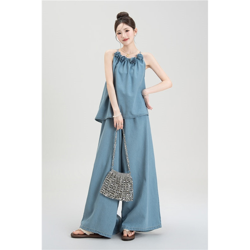 Light Blue Three-Dimensional Flower Sleeveless Camisole Women's Summer New Loose Slim Denim Wide-Leg Pants Suit Light Blue Three-Dimensional Flower Sleeveless Camisole Women's Summer New Loose Slim Denim Wide-Leg Pants Suit