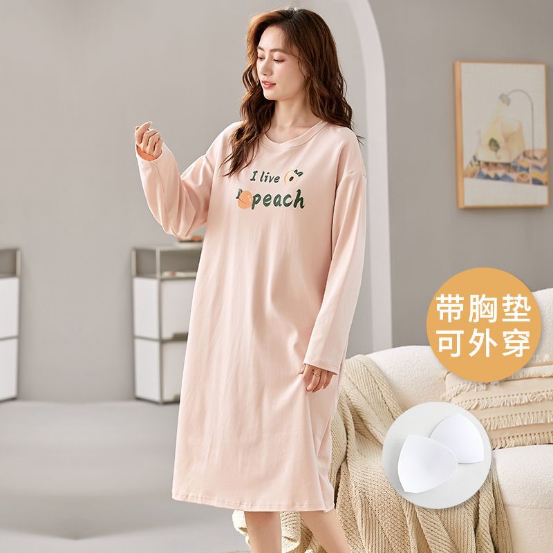 Women's Spring, Autumn and Winter Long-Sleeved Plus-Size Casual Mid-Length Over-The-Knee Maternity Nightgown with Breast Pads Can Be Worn as an Outer Top