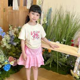女童多巴胺小熊印花正肩短袖T恤套装女夏季设计感短袖上衣两件套