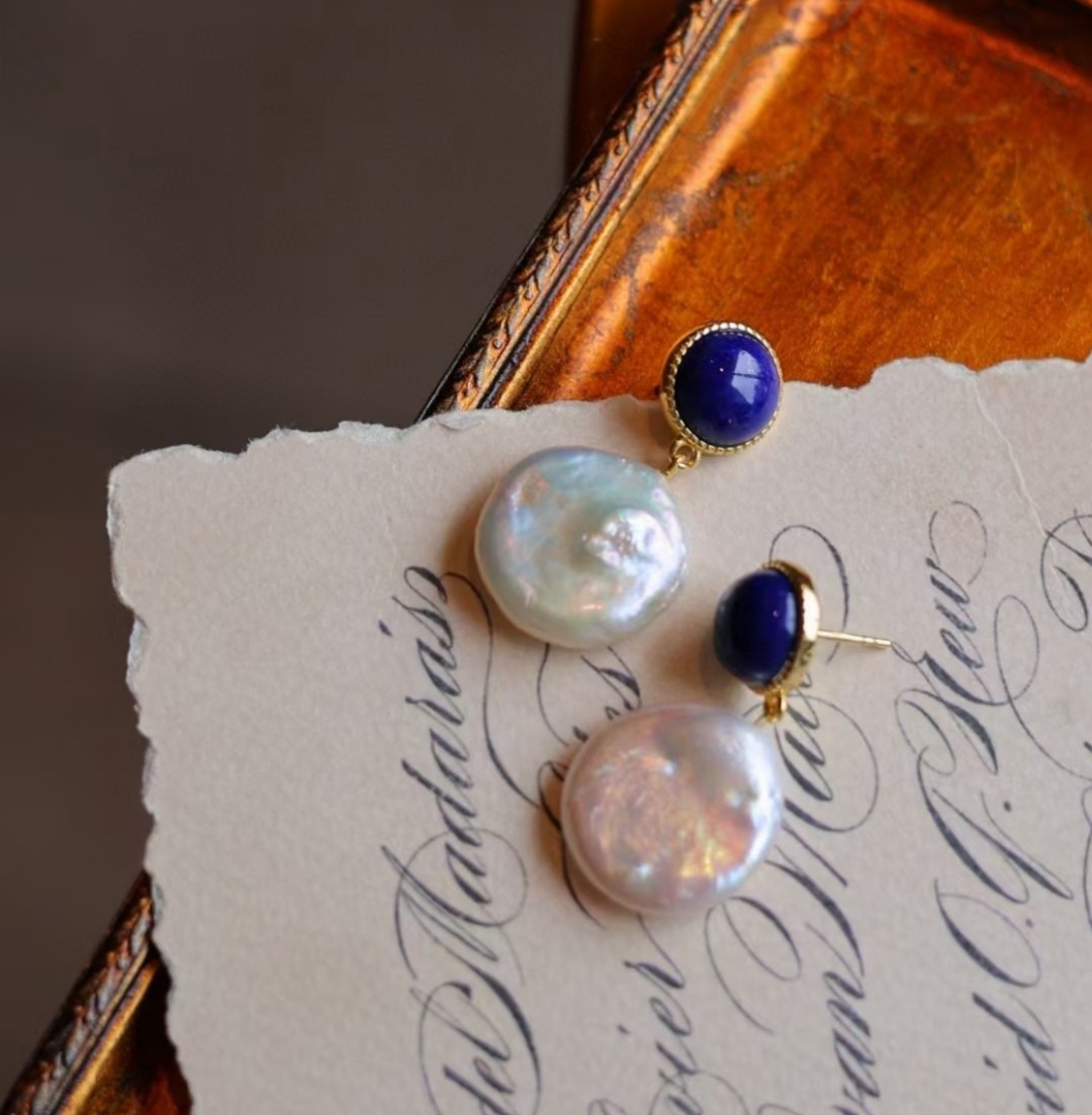 (2개) S  골드 도금 천연 바로크 민물 진주 귀걸이 라운드 바로크 펄 블루 귀걸이 2023