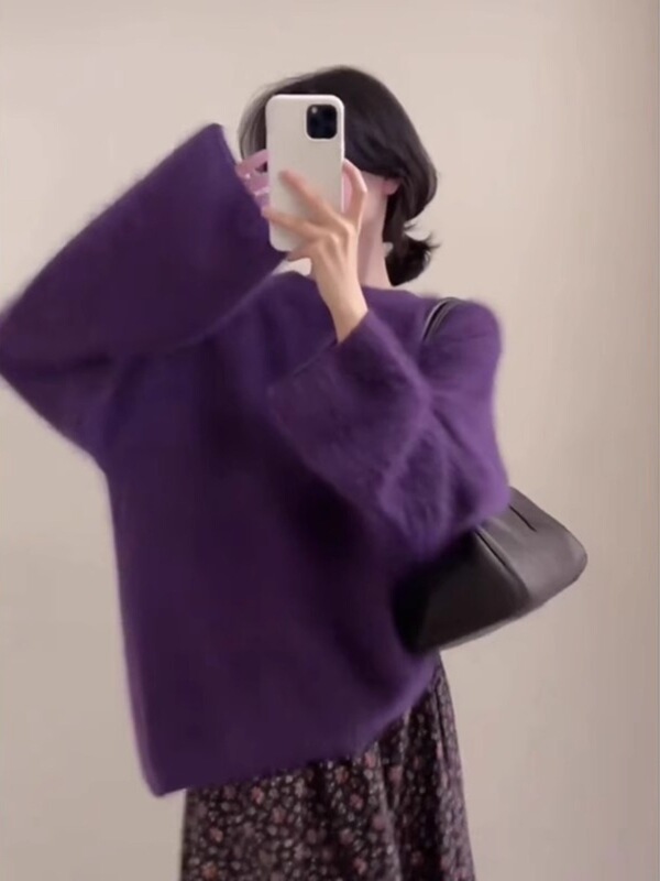Soft Waxy Milk Purple Mink Velvet Pullover Sweater for Women in Autumn and Winter Outer Wear Loose Lazy Furry Knitted Top Soft Waxy Milk Purple Mink Velvet Pullover Sweater for Women in Autumn and Winter Outer Wear Loose Lazy Furry Knitted Top