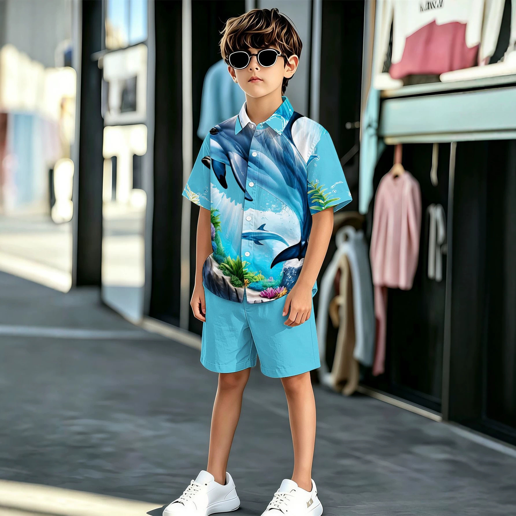 Multi-Element New Product, 3D Printed Pattern, Durable Attractive, Medium To Large Size Boys' Shirt And Shorts Set,_voghion.com