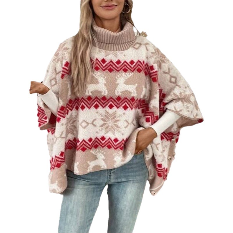 Suéter de otoño e invierno transfronterizo europeo y americano nuevo Amazon cuello alto suéter de Navidad ELK contraste color patrón Batwing manga suéter