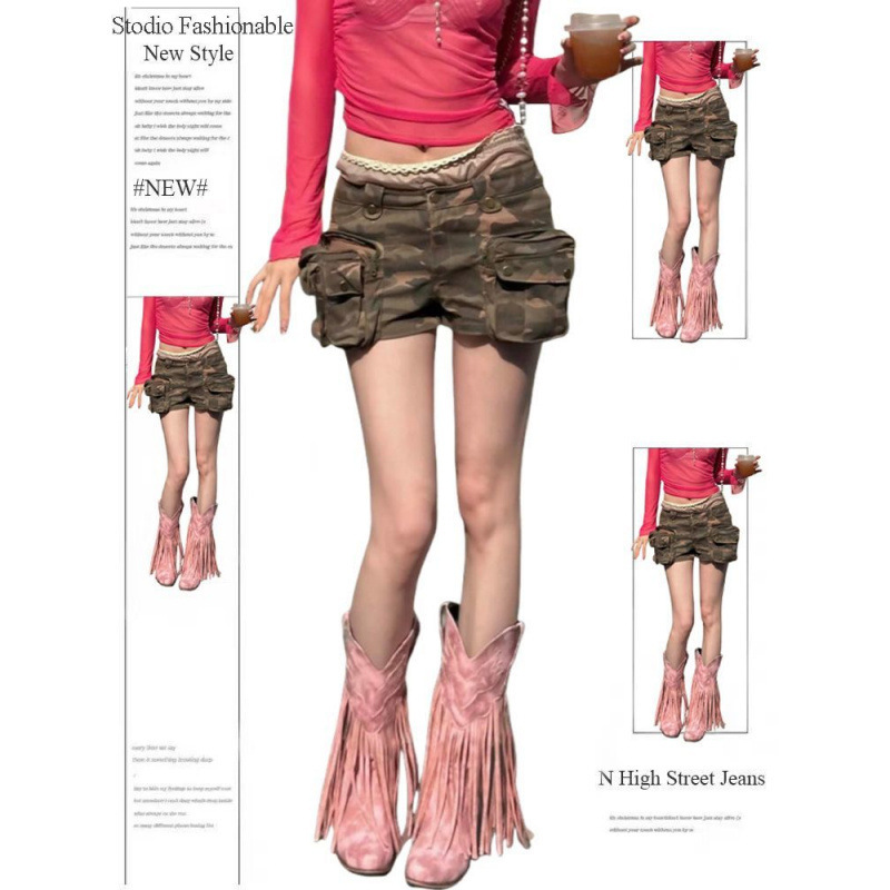 American Retro 2K Millennial Hot Girl Camouflage Shorts Women's Summer Design Washed Heavy-Duty Pocket Cargo Pants