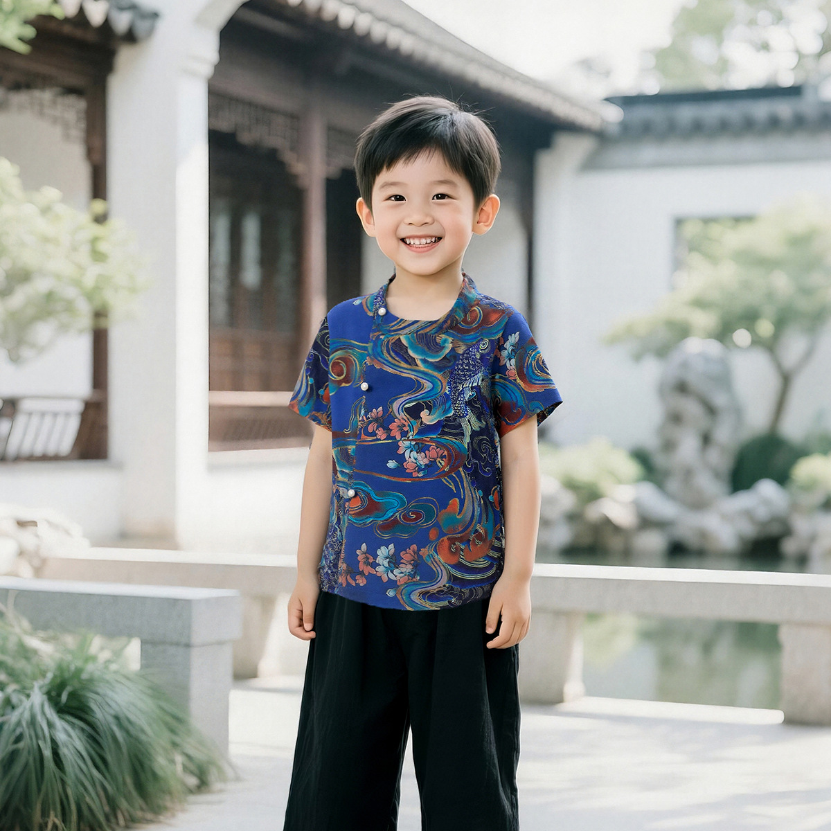潮流新款夏季国风复古新中式衬衫立领上衣新中式盘扣男童印花