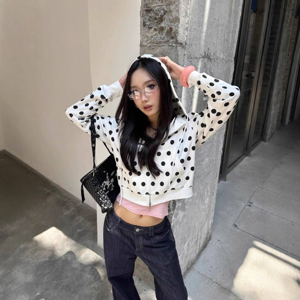 American Retro White Polka Dot Long-Sleeved Zipper Cardigan Sweatshirt for Women Early Autumn New Design Versatile Short Jacket