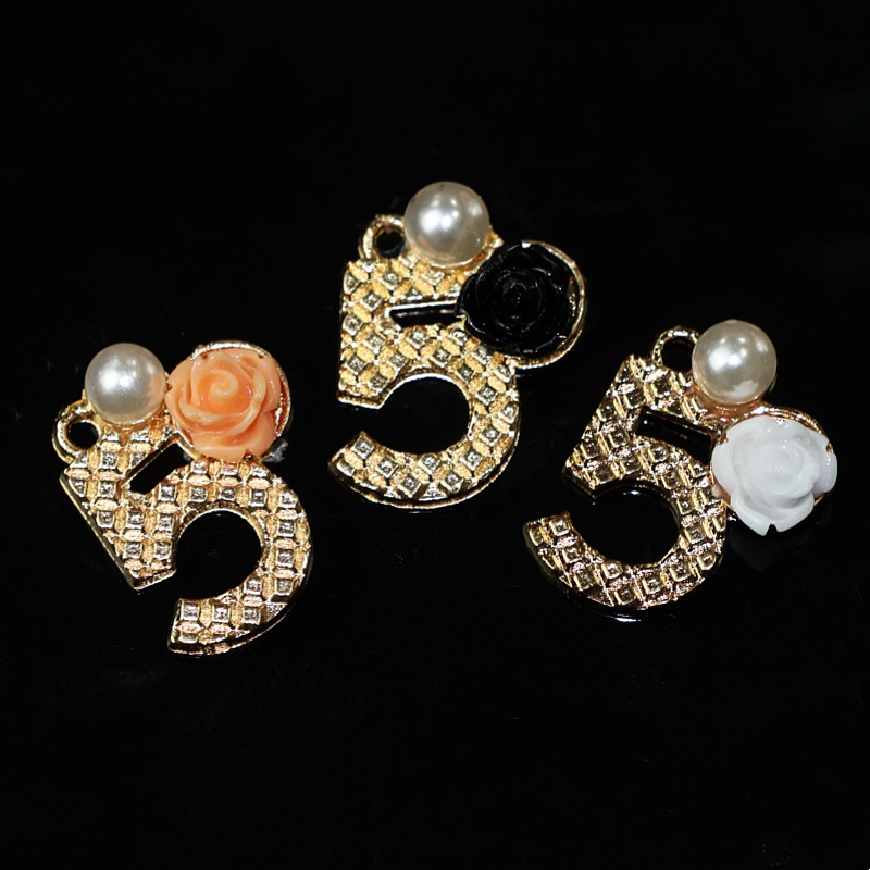 韩版新款时尚珍珠带花数字5挂件合金配件diy发饰手链项链吊坠配饰