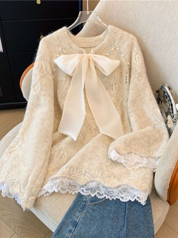 Lazy Style Beaded Bow Lace Stitching V Neck Sweater Autumn and Winter Plus Size Women's Fat mm Thickeneded Knitted Top