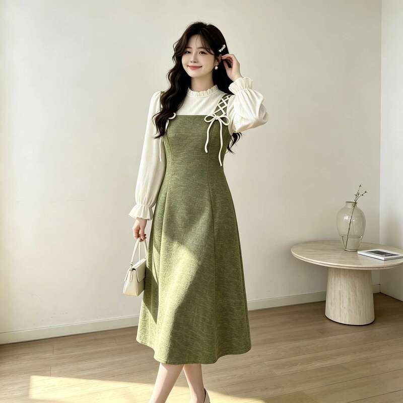 Plus-size women's French-style new forest-inspired dress with a cinched waist, slimming effect, and a chic, layered look (1801) Plus-size women's French-style new forest-inspired dress with a cinched waist, slimming effect, and a chic, layered look (1801)