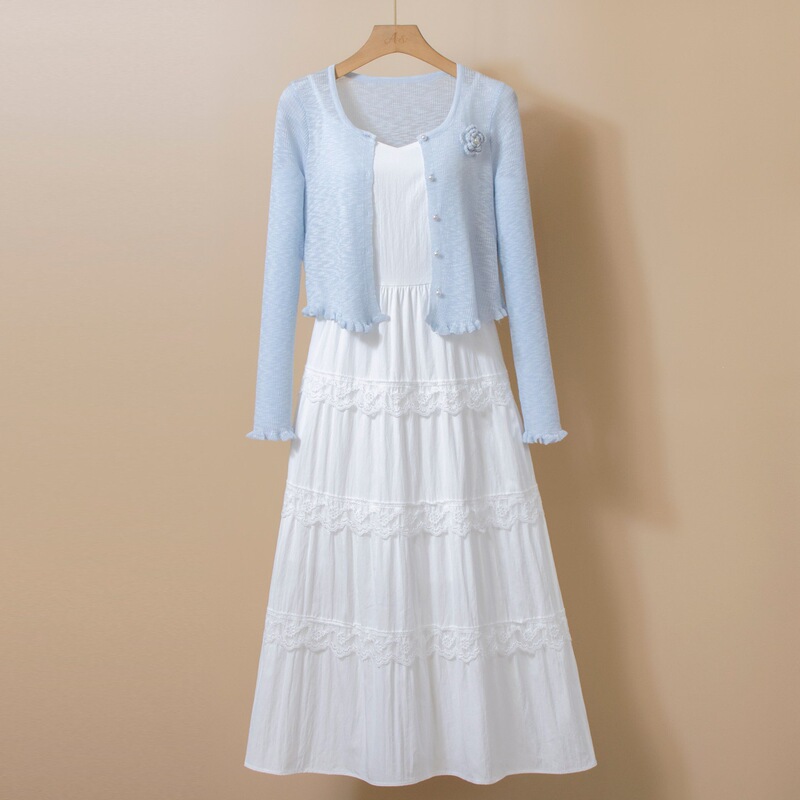 Super Fairy-Like Elegant French Lace Dress Set, Sweet and Gentle Style, White Strap Dress + Trendy Cardigan Super Fairy-Like Elegant French Lace Dress Set, Sweet and Gentle Style, White Strap Dress + Trendy Cardigan