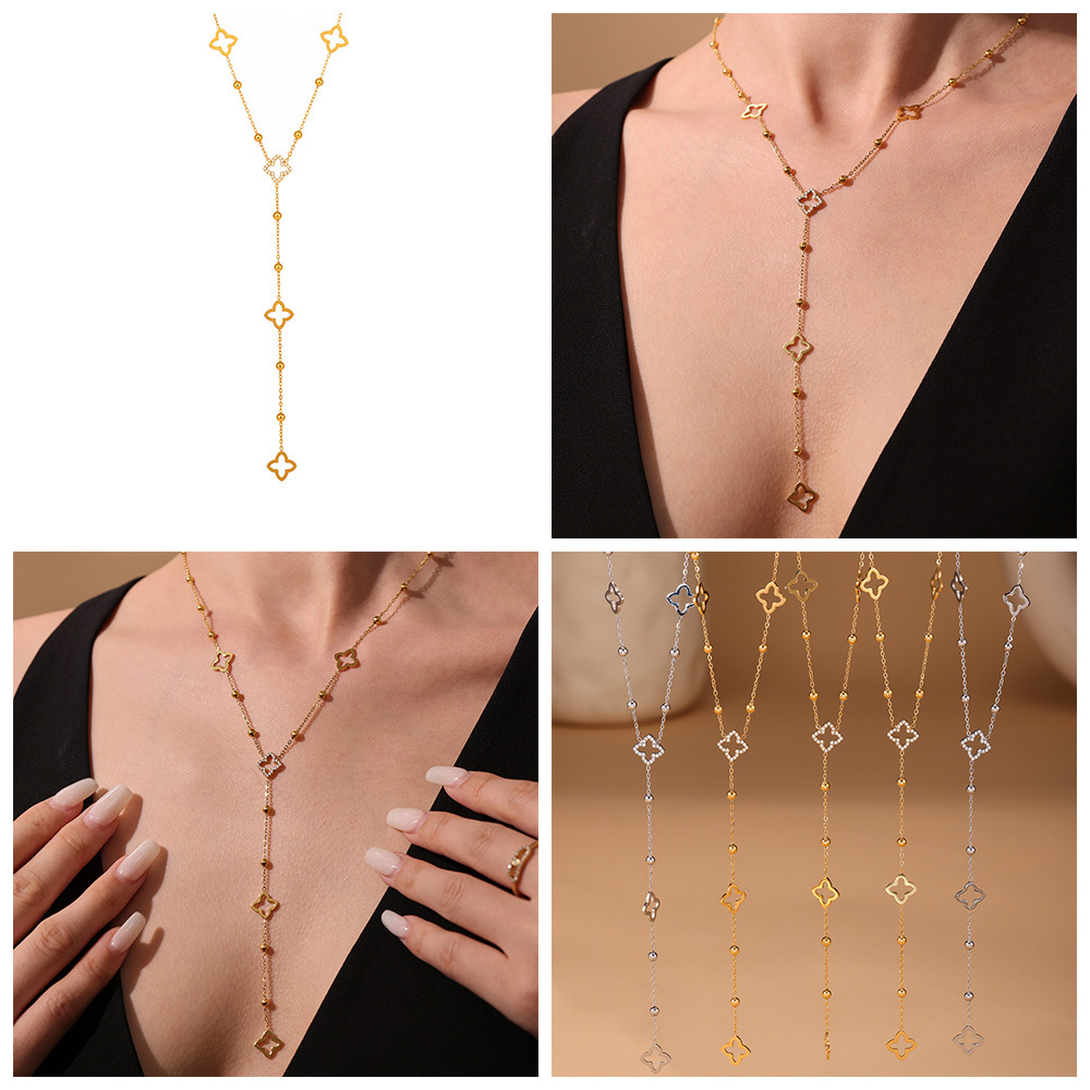 Collier Ras De Cou Double Couche Pendentif Fleur Trèfle Bijoux_voghion.com