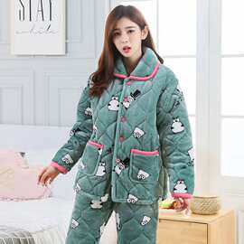 睡衣女士冬季三层加厚夹棉保暖珊瑚绒法兰绒秋冬可爱大码家居服