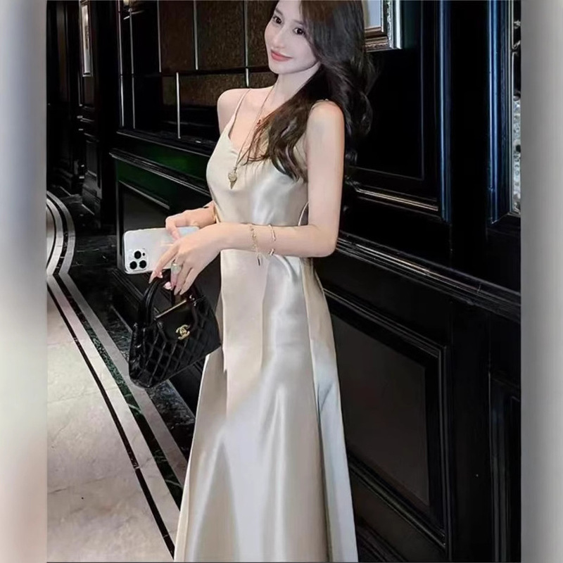 French Style Big V-neck Oblique-cut Satin Sling dress Women's Waist Elegant Long Dress Summer New Style with Ribbon Pure Desire French Style Big V-neck Oblique-cut Satin Sling dress Women's Waist Elegant Long Dress Summer New Style with Ribbon Pure Desire