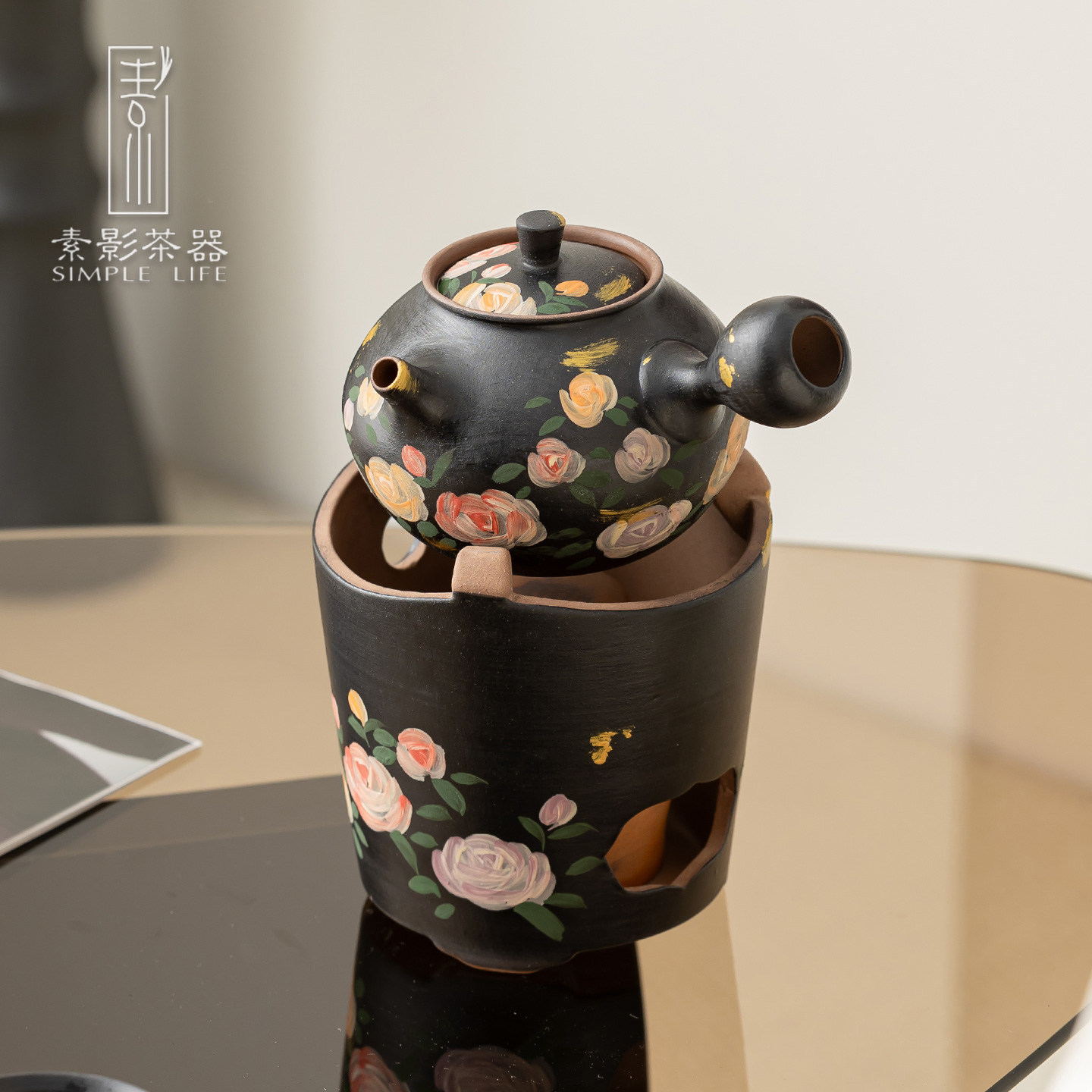 Hand-Painted Gold-Decorated Black Pottery Rose Tea Brewing Stove, Vintage-Style Black Ceramic Alcohol Lamp, Side-Handle Teapot, Tea Warming Set