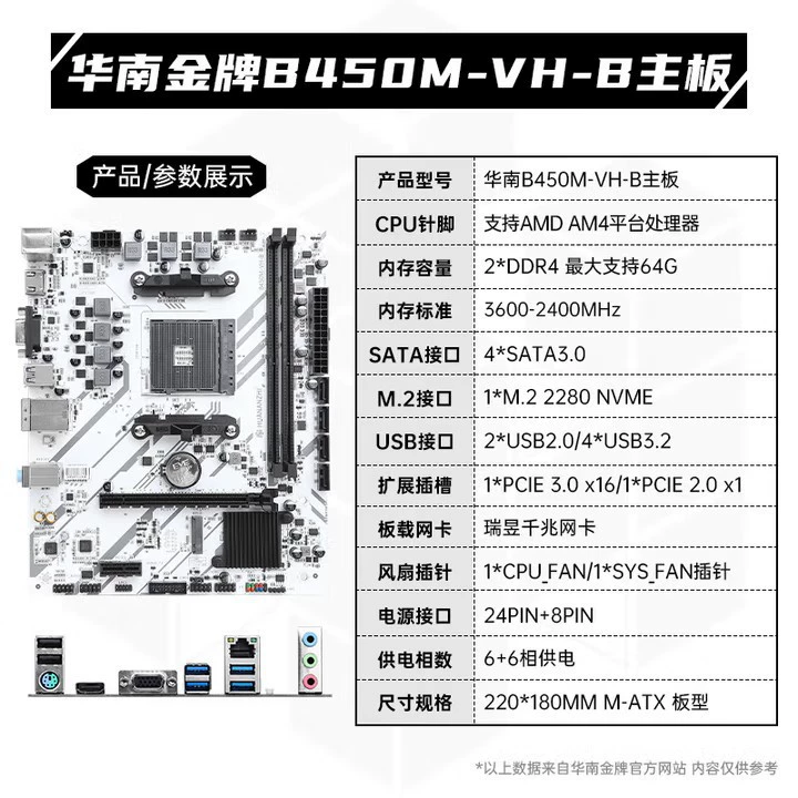 华南金牌B450M-VH-B主板搭AMD锐龙R5 5600/R7 5700X台式游戏电脑
