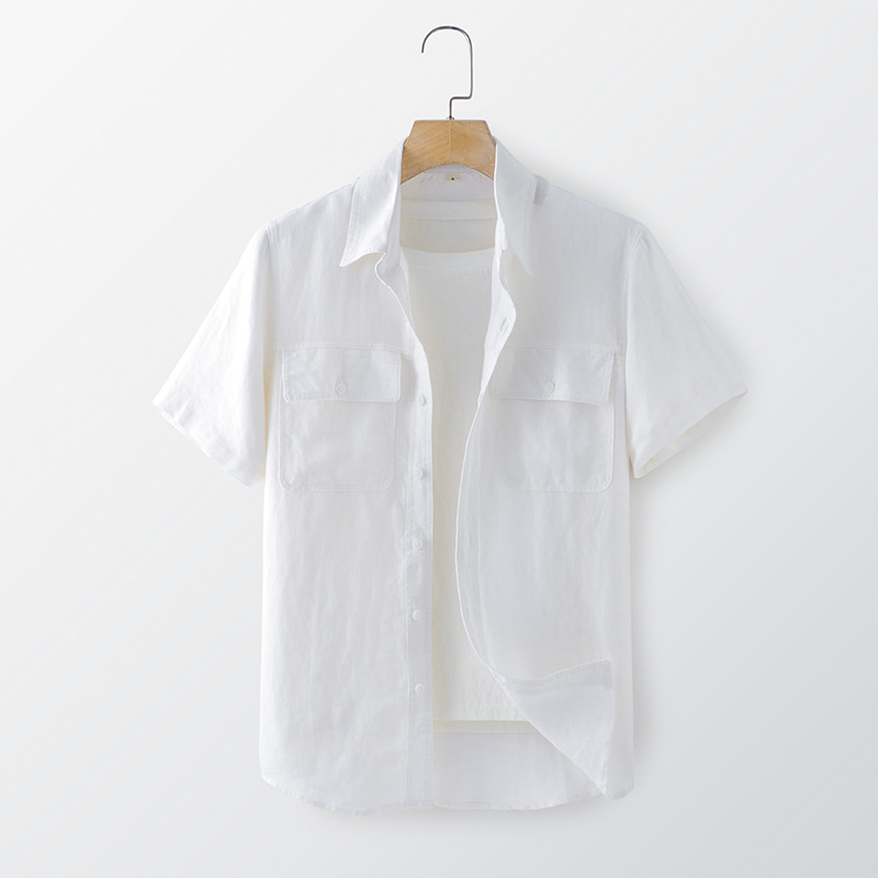 2024 verano Lino hombres parche bolsa solapa manga corta Camisa de lino simple cómodo fresco camisa de lino F012