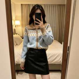 翻领费尔岛提花拉链针织开衫女 复古民族风毛衣外套女装毛衣外套