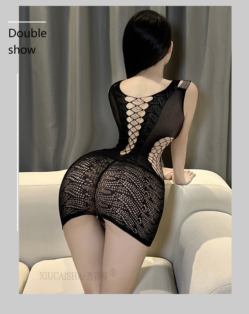 See-Through Black Mesh Babydoll Lingerie Set with Tearable Full-Body Design and Plus-Size Fit — detail image 7