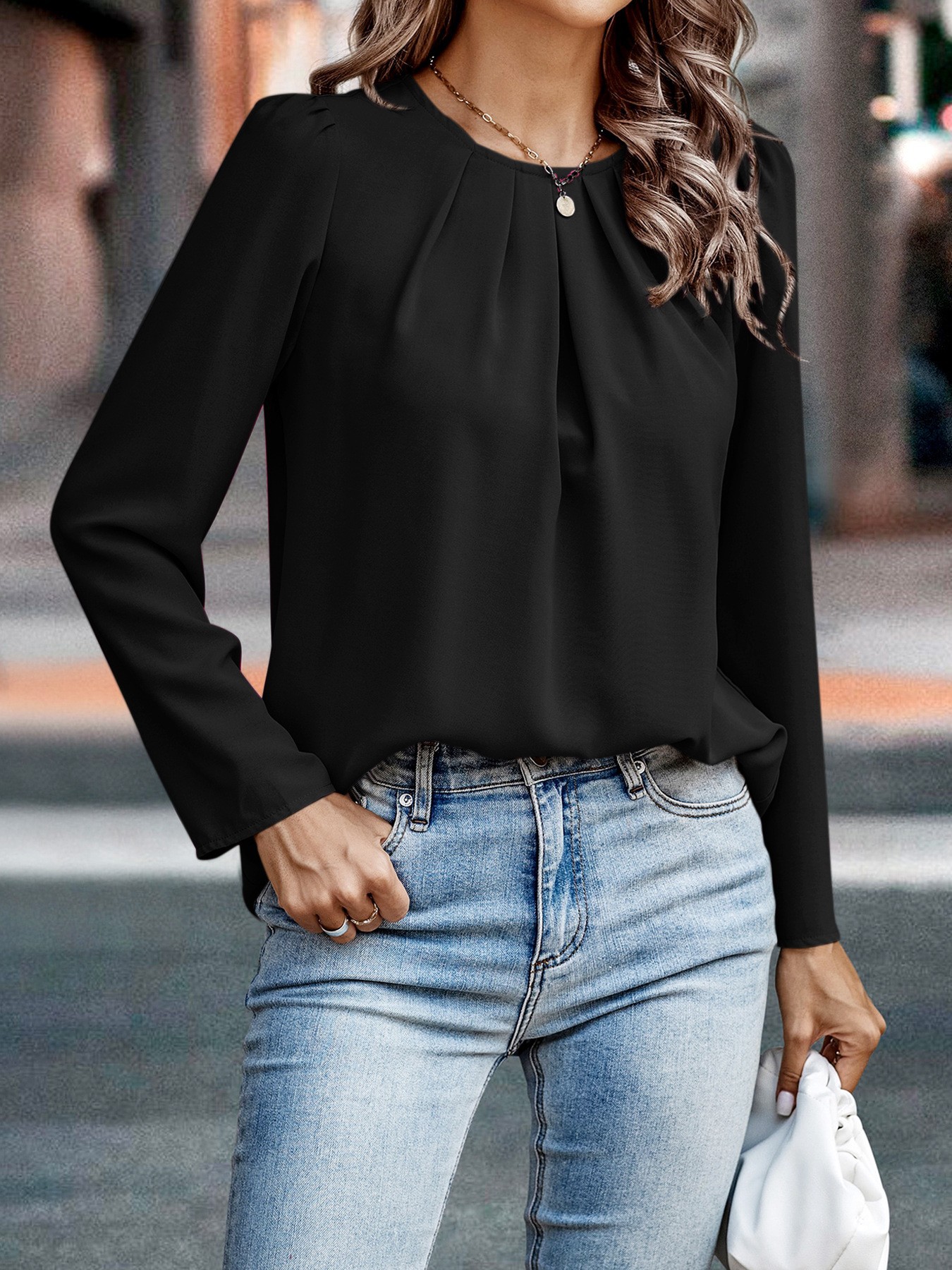 Amazon Cross-Border 2024 Autumn New Women's Long-Sleeved Shirt with Round Neck Design, Stylish Coat with Elegant Temperament
