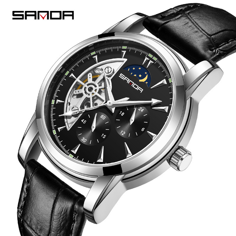 Sanda 7009 correa de acero para hombre reloj mecánico automático con 24 horas multifunción