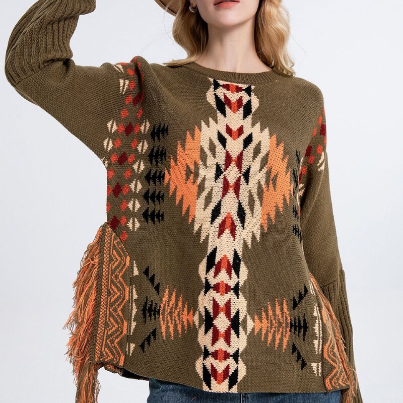 Autumn and Winter new Aztec style knitwear contrast color sweater round neck pullover lazy long sleeve punk sweater for women