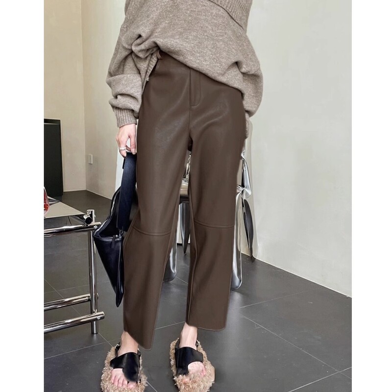 high quality Simulation Sheepskin PU Wide-Leg Pants Women's Half-elastic Waist Loose Edge Mid-line Slimming All-match Leather Pants