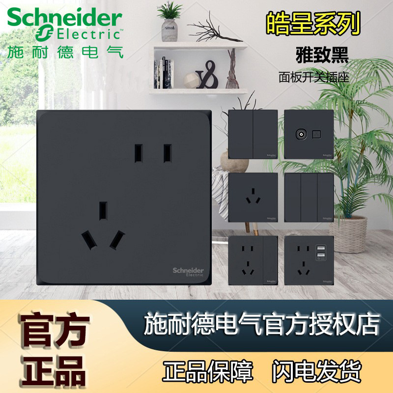 施耐德开关插座面板皓呈雅致黑 五孔带开关家用暗装墙壁空调插座
