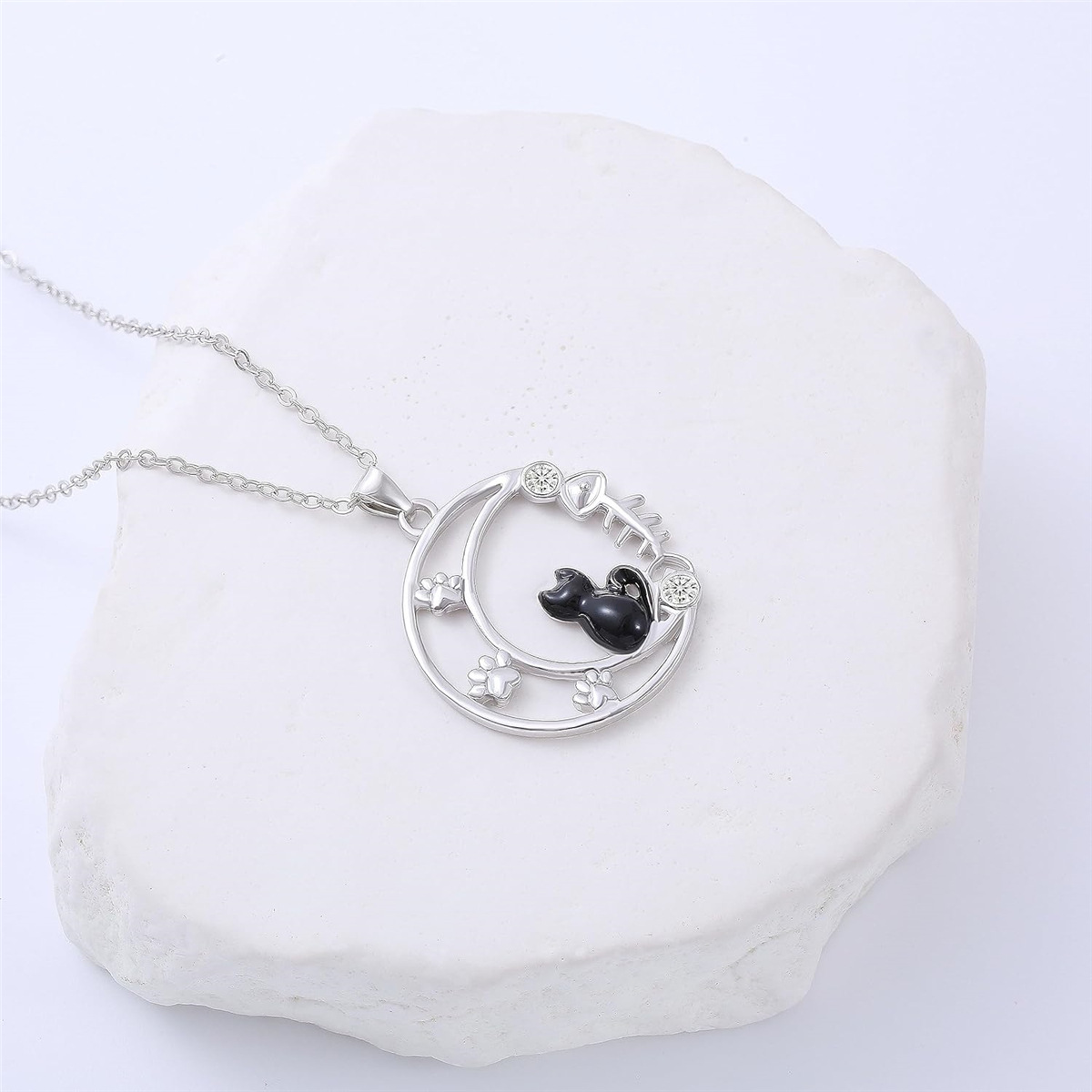 Nieuwe prachtige sieraden, creatieve, eenvoudige maan, schattige kittenvoetafdrukken, visgraathanger, ketting, damesaccessoires_voghion.com