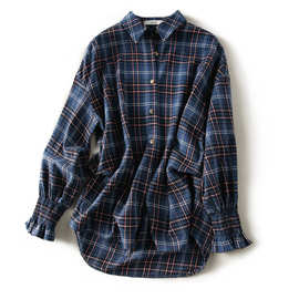 粉蓝格纹 棉百搭宽松衬衫