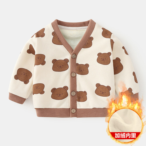 Baby cardigan for winter: Kids' clothing, knitted boys' thickened winter wear, girls' fleece-lined children's apparel, and infant autumn/winter outerwear