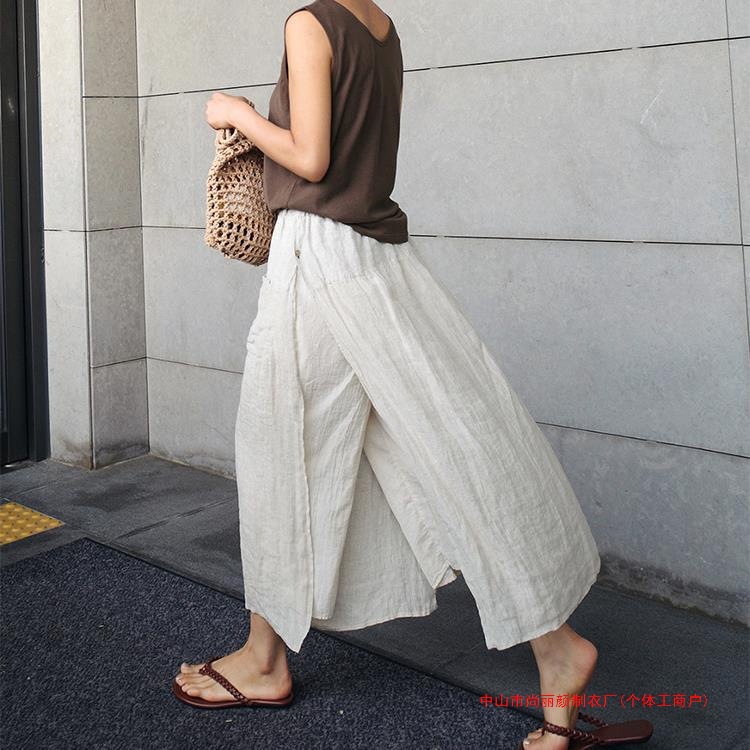 开叉亚麻裙裤一体女春夏宽松文艺范休闲九分裤假两件棉麻阔腿裤裙