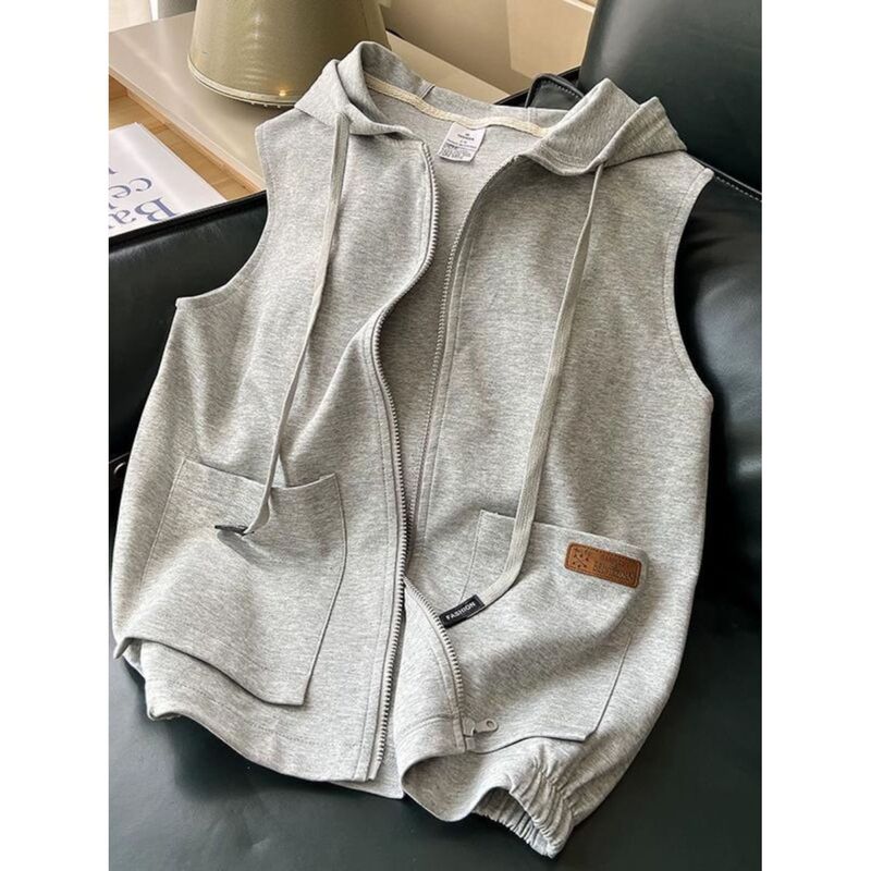 Vest Women's Spring and Autumn Sports Casual Solid Color Outer Wearing Vest Hooded Cardigan Sleeveless Sweater Vest Hooded Jacket