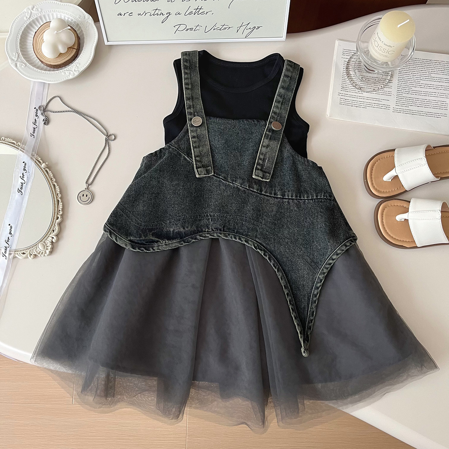 Girls' suit 2024 Summer New Korean Style Denim Mesh dress Vest Princess Two-Piece Fashionable Set