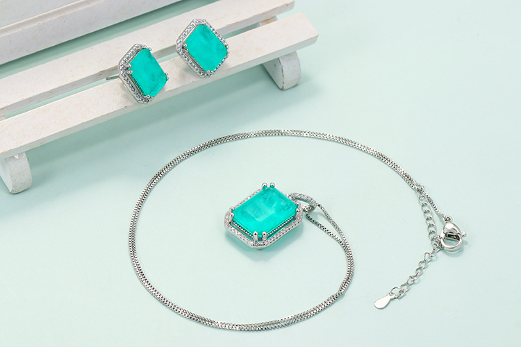 Copper Material Retro Square Copper Inlay Artificial Gemstones Women's Rings Earrings Necklace