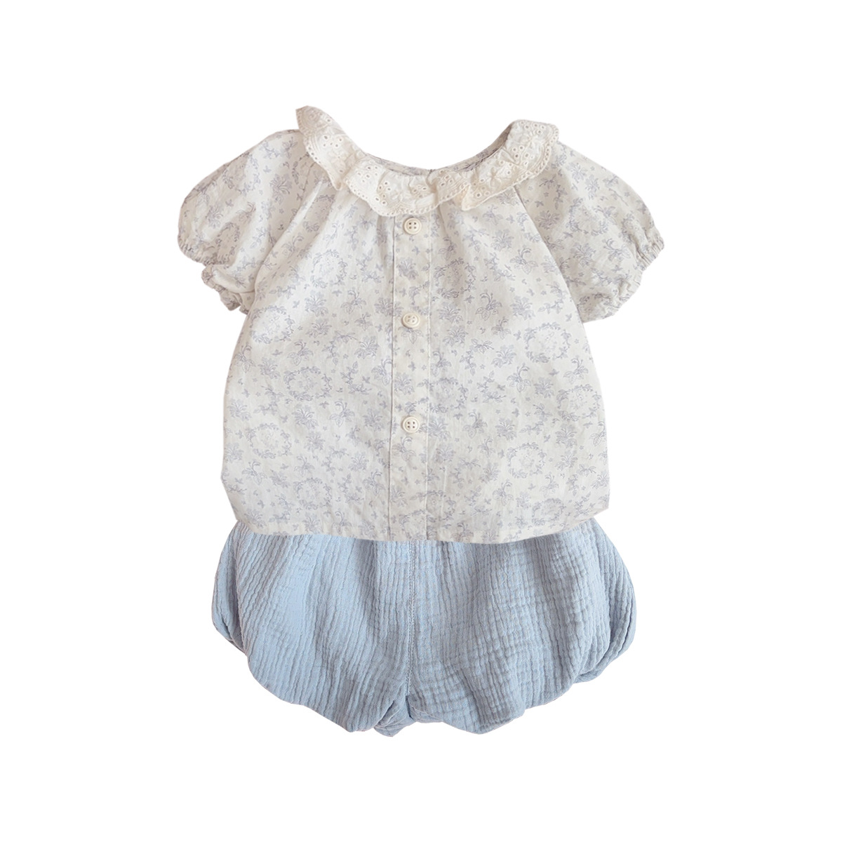 Ins verano delgado dulce niña manga corta suéter floral pantalones cortos traje bebé estilo occidental verano traje de dos piezas 1