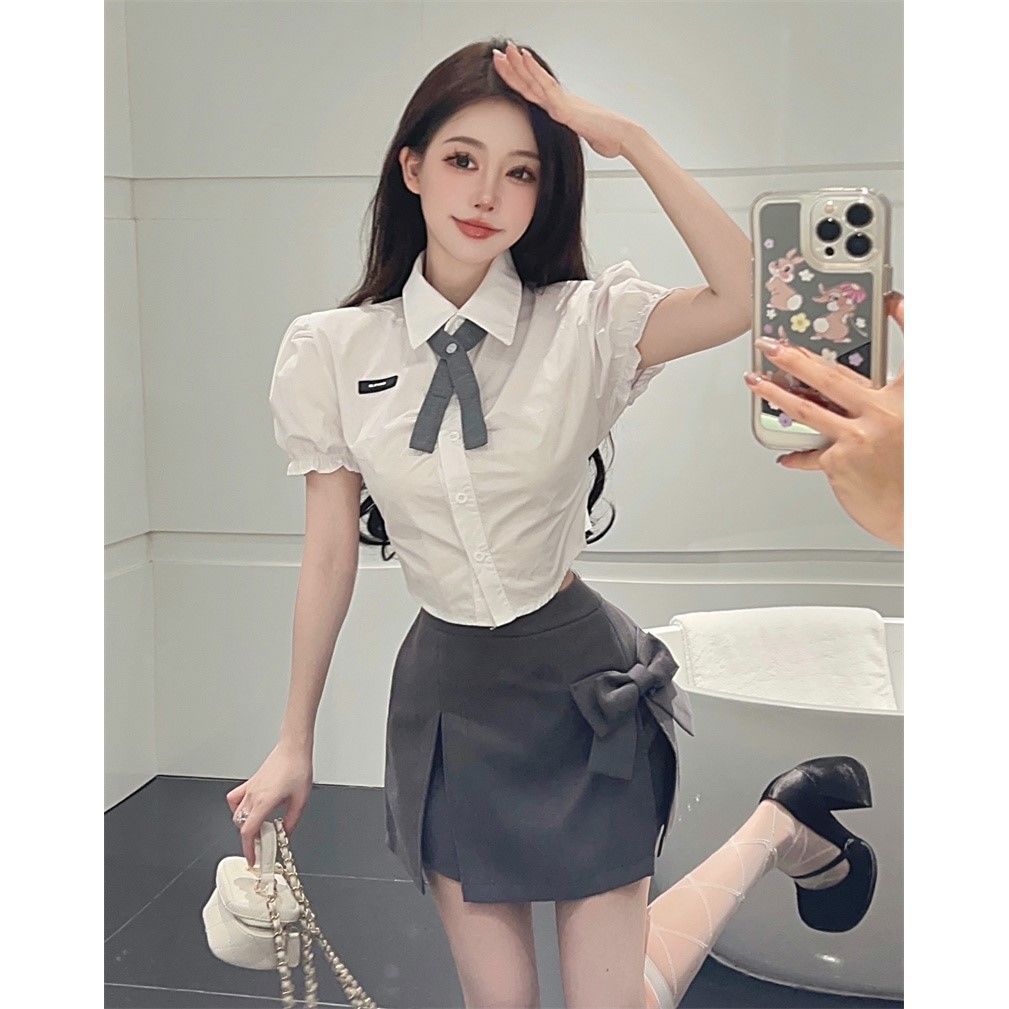 辣妹套装短袖衬衫上衣女夏季裙子蝴蝶结开叉a字短裙半身裙两件套