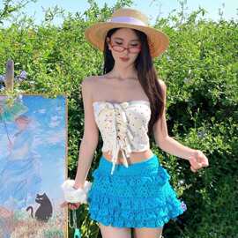 绝美夏季多巴胺系抹胸浪漫少女分体泳衣蛋糕短裙温泉度假海滩泳衣