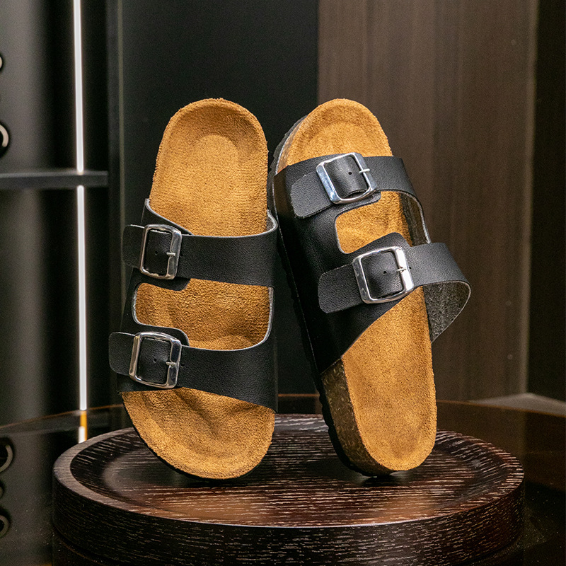 Unisex Summer Flat Sandals With Double Buckle, Thick Sole, Leopard Print, Cork, Women's Cross Body Sandals_voghion.com