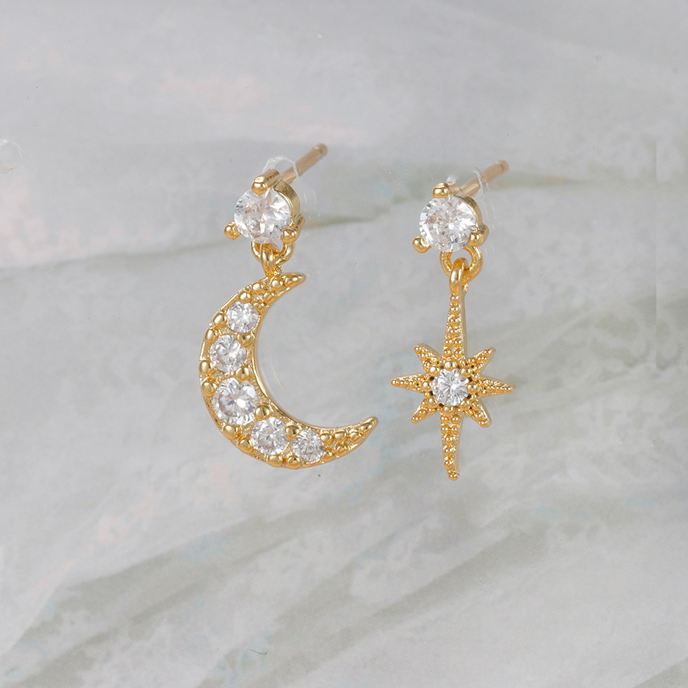 10g Weight 18K Gold Plated Plating Material Zircon Inlay Material Drop Earrings Classification 1 Pair Quantity Daily, Street Occasion Copper Material Star, Moon Pattern Women's Gender Asymmetrical, Plating, Inlay Design IG Style Style 1 Pair Ig Style Star Moon Asymmetrical Plating Inlay Copper Zircon 18k Gold Plated Drop Earrings 8