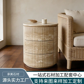 工厂定制天然洞石大理石床头柜边几简约现代轻奢卧室客厅侘寂风