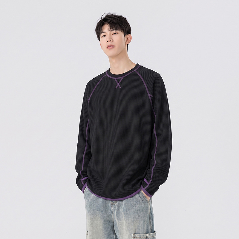 New long-sleeved men's T-shirt for spring and autumn, trendy, casual, versatile, unisex, thin waffle pattern.