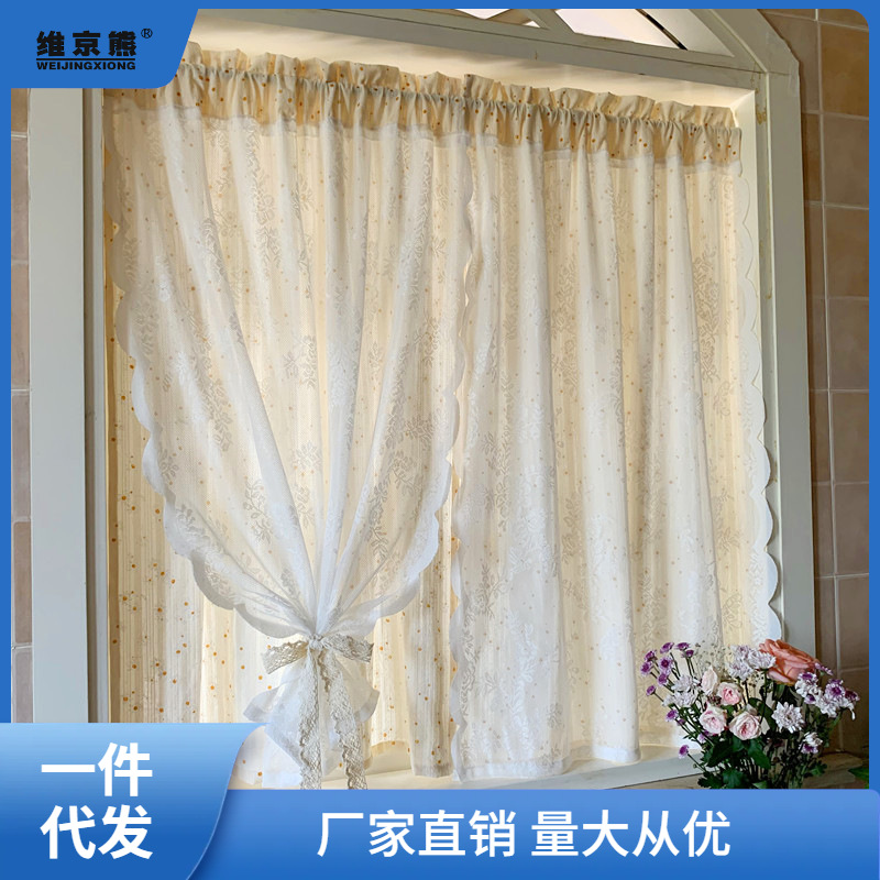French double-layer pinless adhesive transparent and non-peephole Korean pastoral daisy lace curtains window ginger tea