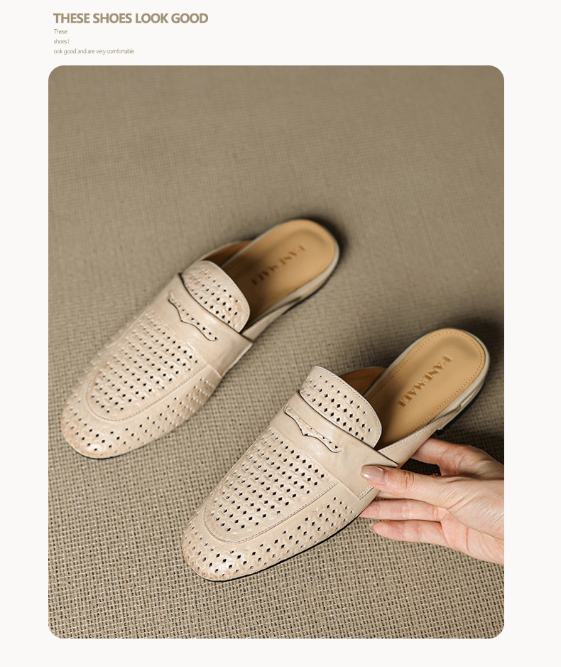 Giày mule nữ da bò mũi vuông hở gót đế bằng — đen chi tiết 15
