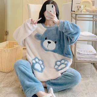 珊瑚绒睡衣女冬季甜美可爱圆领长袖长裤加肥200斤胖mm家居服套装